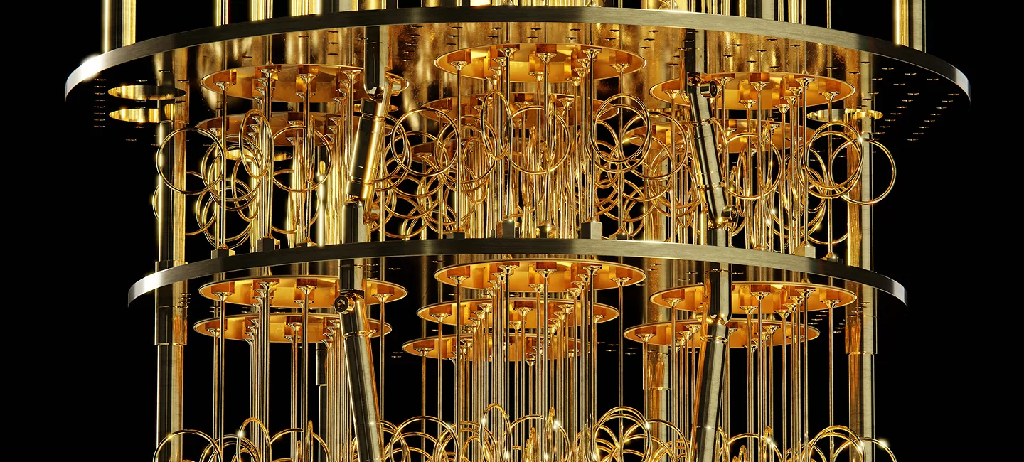 Quantum computing hardware featuring intricate gold wiring and components, highlighting advanced technology.