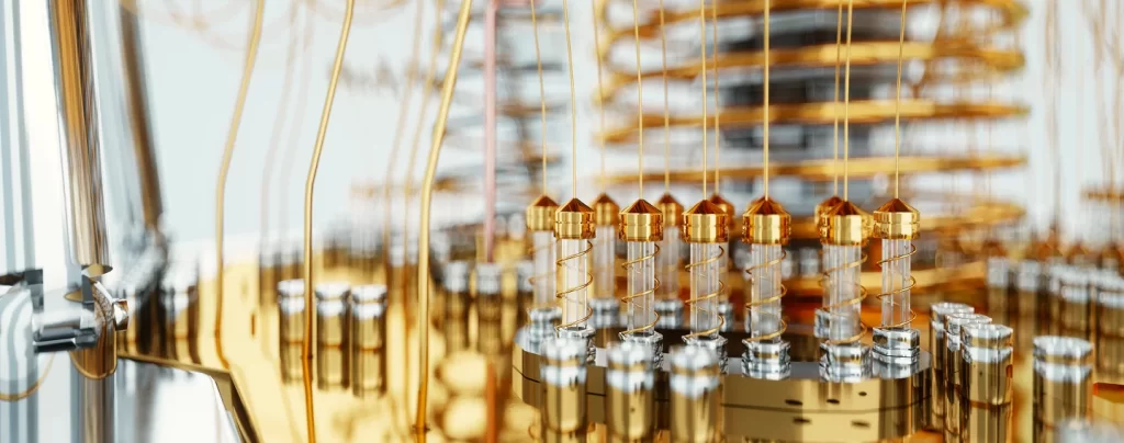 Superconducting quantum device with intricate wiring and components, highlighting advanced technology in quantum computing hardware.