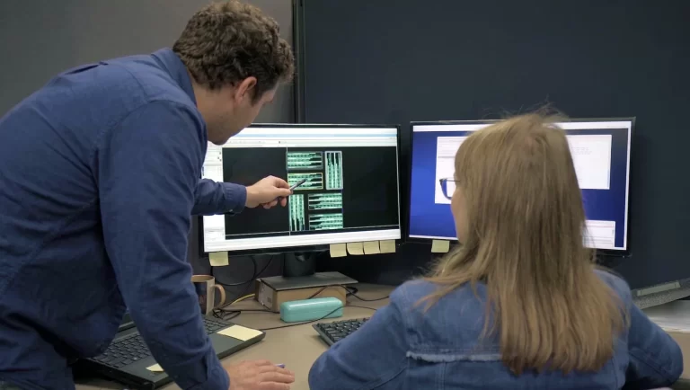 Two engineers analyze semiconductor designs on computer screens in an office setting.